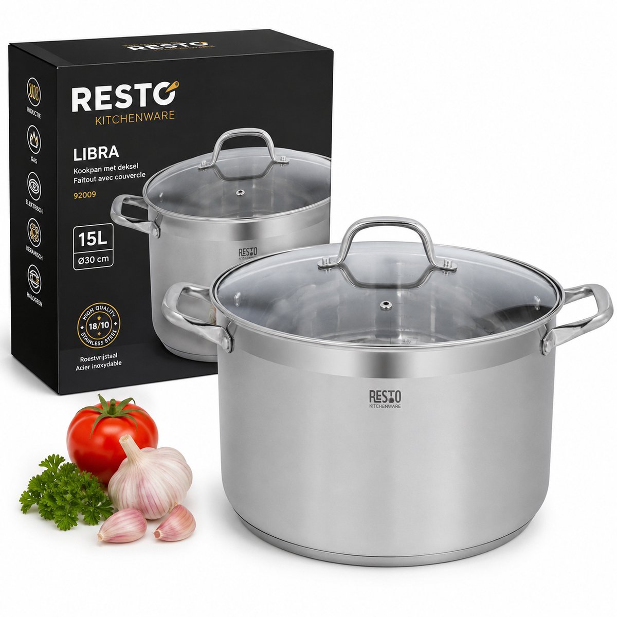 RESTO 92009 Libra Kookpan - 15 Liter - Rond Ø30 - Roestvrijstaal - Inductie - Braadpan met Glazen Deksel