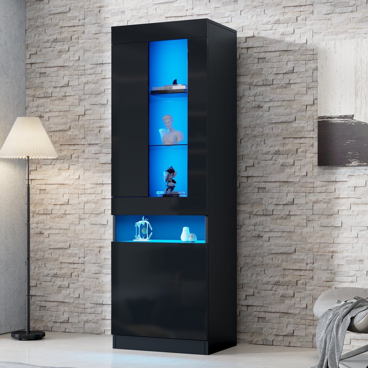 Vitrinekast met LED-verlichting - opbergkast kasten - woonkamerkast - buffetkast - zwart