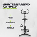 Zwarte hometrainer met display. Tekst: Ruimtebesparend ontwerp, past in elk interieur, compact formaat, transportwielen, makkelijk te verplaatsen.