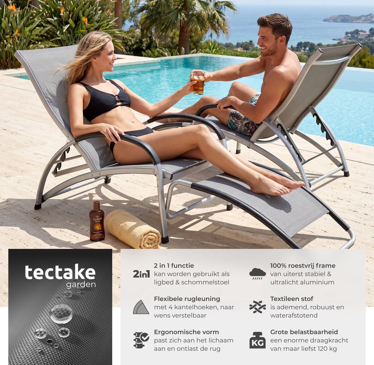 tectake® Set van 2 Ligbedden Avignon - 2-in-1 Verstelbare Ligstoelen - Schommelstoelen voor Buiten - Weerbestendig frame en waterafstotend, luchtdoorlatend weefsel - Tuinstoel - Balkonstoel - 195cm lang - Antraciet – foto 2