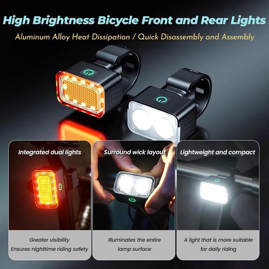 Fietsverlichting Set - Voor en achterlamp - Veilig fietsen - USB Oplaadbaar - Compact - Zwart — afbeelding 2