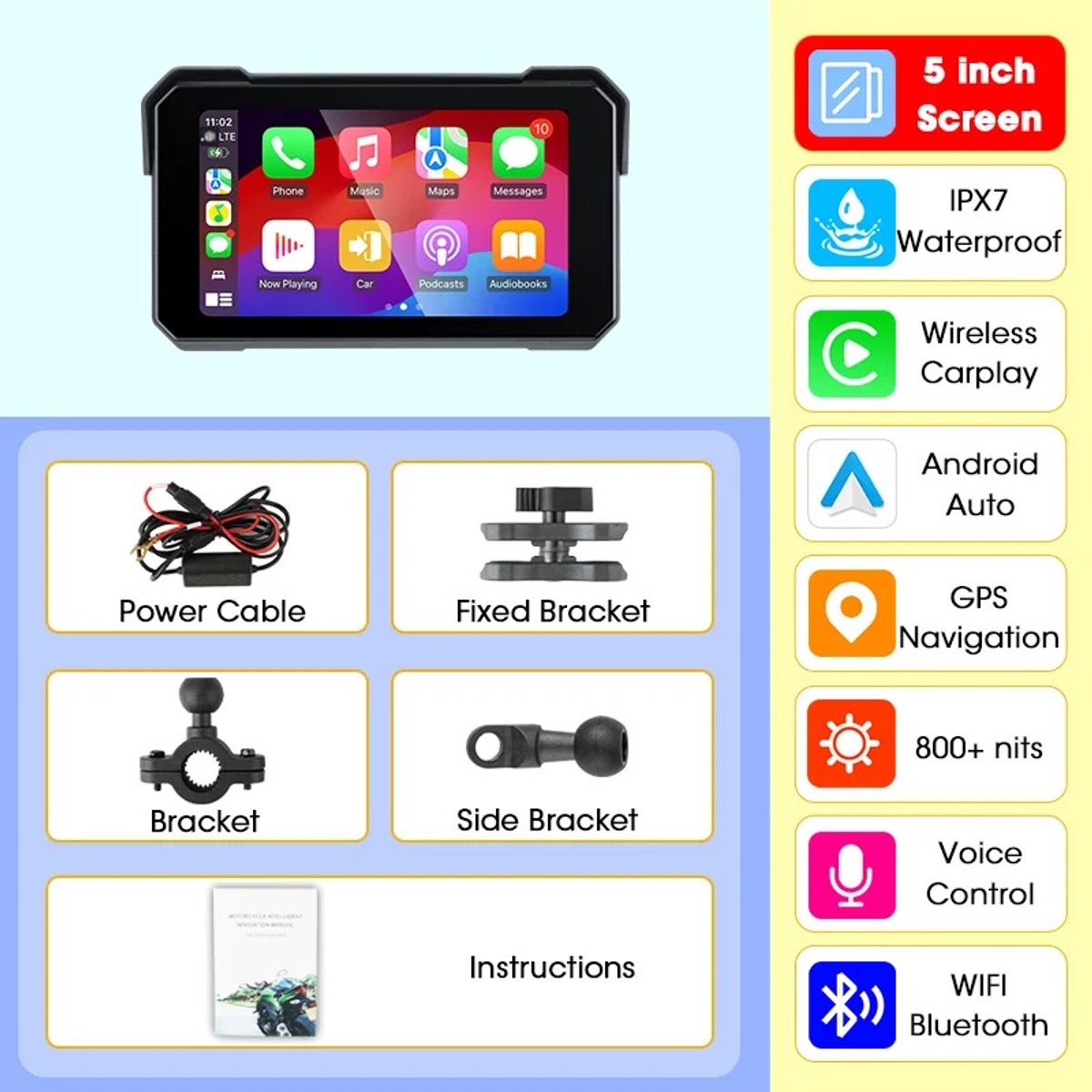 Archi 5 inch Motor Navigatiescherm – Draadloze Apple CarPlay & Android – IP67 waterdicht IPS display – Met Bluetooth – Zwart