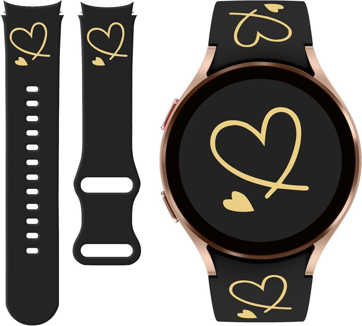 Silicone Vervangband met Gouden Hartpatroon voor Galaxy Watch 5/4, 20mm, Geschikt voor 40mm en 44mm Modellen, Zwart, Comfortabel en Duurzaam