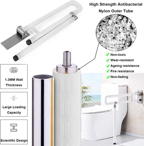 Witte toiletbeugel met antislip oppervlak, stevige steunvoet en Sus 304 wanddikte van 1.3MM.