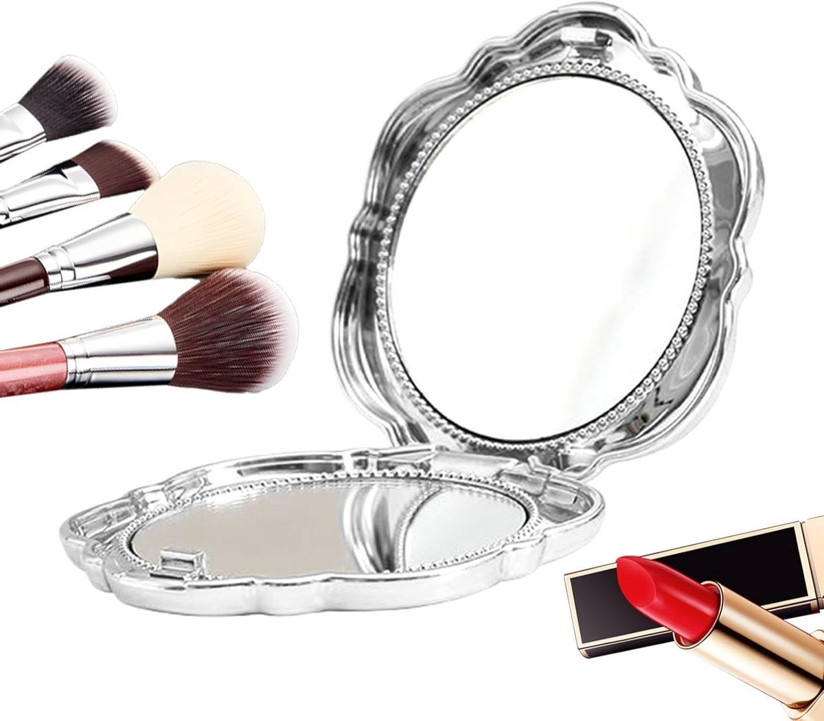 Make-up Spiegel - Zakspiegel Compacte Spiegel - Gedetailleerde Make-up - Opvouwbaar Laptop Design - 6.3 cm Diameter - Zilver