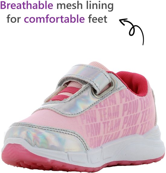 Roze sneaker met klittenbandsluiting en Paw Patrol print. De sneaker heeft een ademende mesh voering voor comfort.