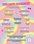 Speelse affiche met tekst in het Nederlands, met cirkels, bloemen en fruit als decoratie.