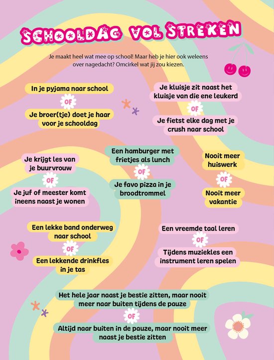 Speelse affiche met tekst in het Nederlands, met cirkels, bloemen en fruit als decoratie.