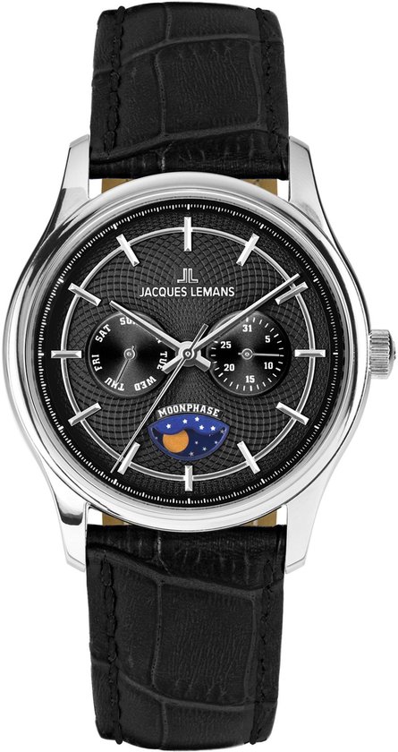 Zilverkleurig Jacques Lemans herenhorloge met zwarte, krokodillenleren band en een zwarte wijzerplaat met maanfase-indicatie.