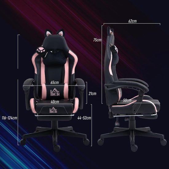Gamingstoel met kattenoren - Gamer stoel - Comfortabel gamen - Verstelbare rugleuning - 124 cm hoog - Zwart — afbeelding 3