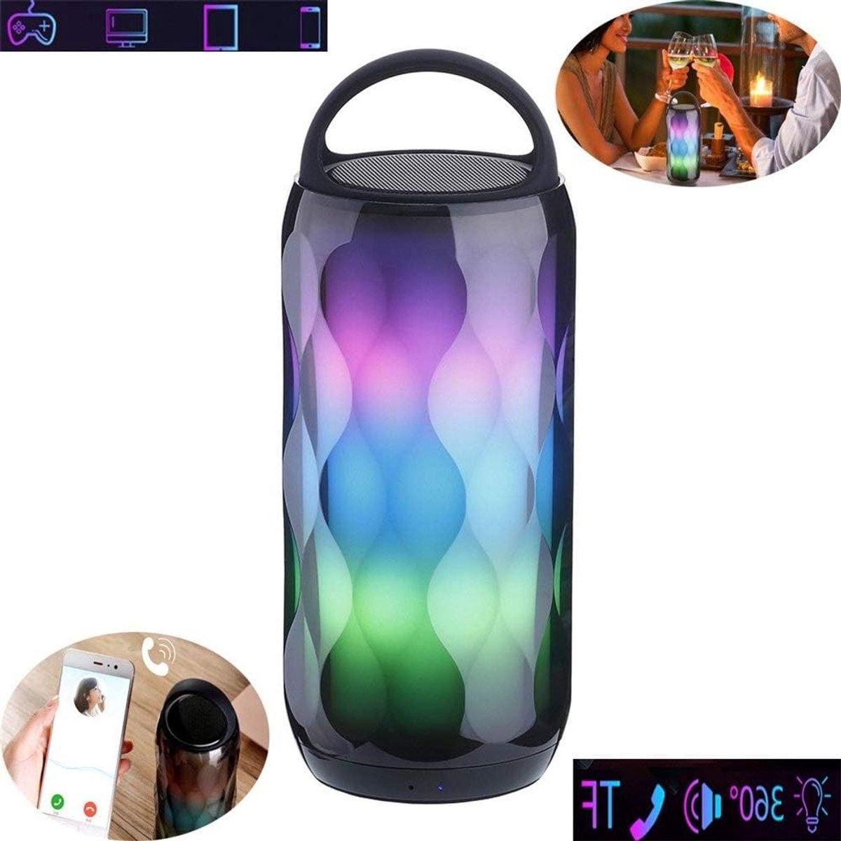 Draagbare Bluetooth Luidspreker - Draadloze Speaker Soundbox - Muziek Luisteren Buiten - Kleurrijk LED Licht - 500 g - Zwart