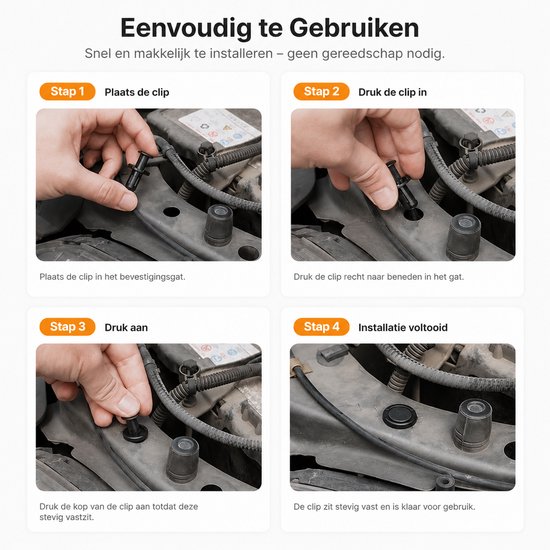 Illustratie die de stappen toont voor het plaatsen en installeren van een auto-interieurclip.
