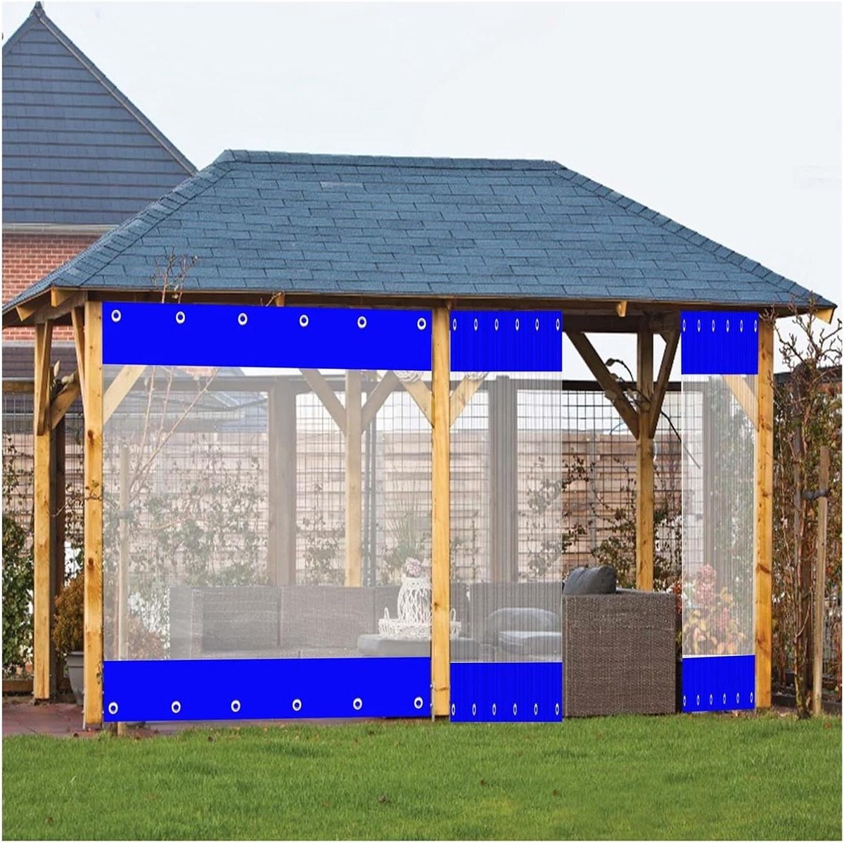 Waterdicht Outdoor Gordijn - Transparant PVC Zeil - Buiten Leven - Geïntegreerde Eyelets - 2.8x3.3m - Blauw