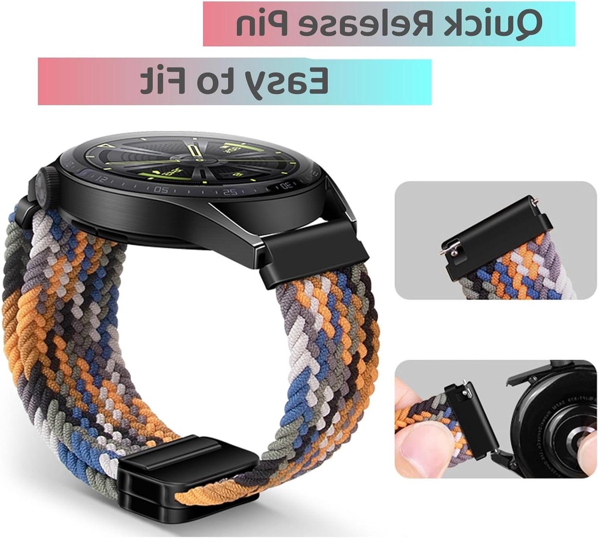Nylon Horlogeband - Elastische Band - Smartwatch Personaliseren - Magnetische Sluiting - 20 mm - Zwart