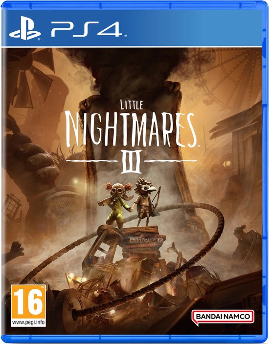 PlayStation 4 spelhoes voor Little Nightmares III met twee personages en het PEGI 16 logo.