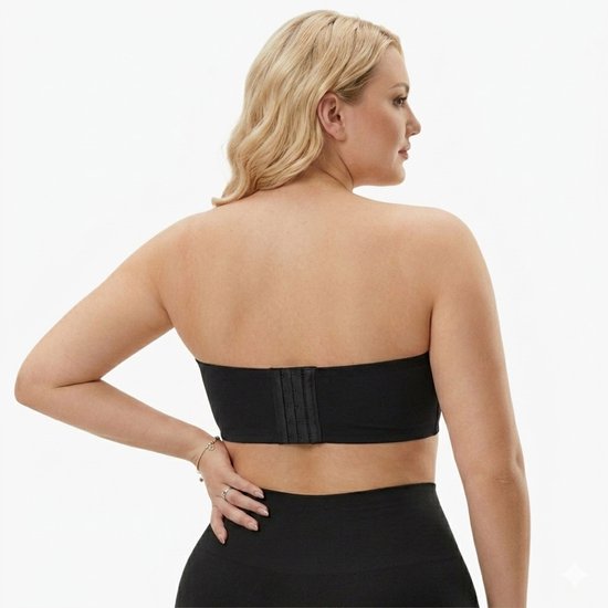 Model met blote schouders, van achteren gezien, draagt een zwarte strapless bh met een 3-haaks sluiting.