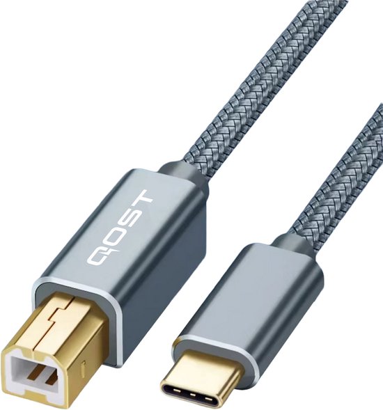 USB-C naar USB-B printerkabel 1m gevlochten spacegrey, gold-plated, aluminium connectoren, compatibel HP Canon Epson