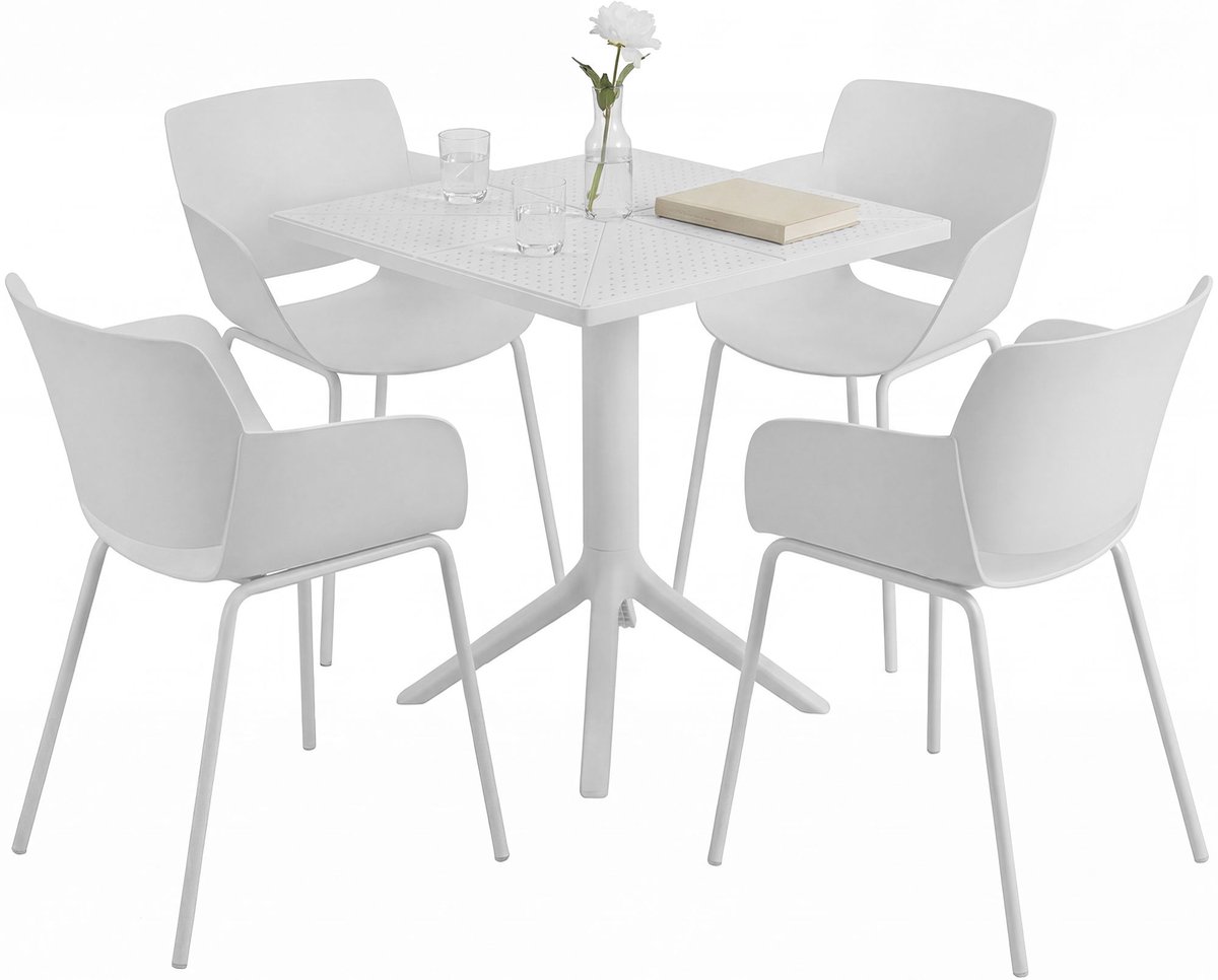 CLP Norva tuinmeubelset - 4 loungestoelen - vierkante tafel - weerbestendige balkonset - voor terras en tuin - wit