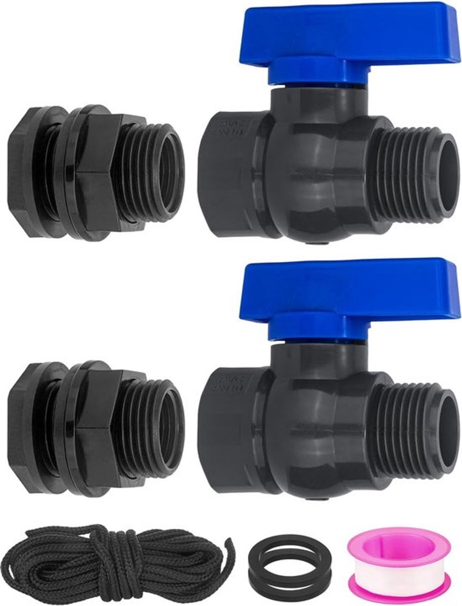 2-Delige Regentonkraanset — PVC-kraan — 3/4" GHT Slangaansluitingen (M/V) — Inclusief kogelkraan en doorvoerkoppeling — Waterbesparende kraan — Afsluitkraan voor tuinslang