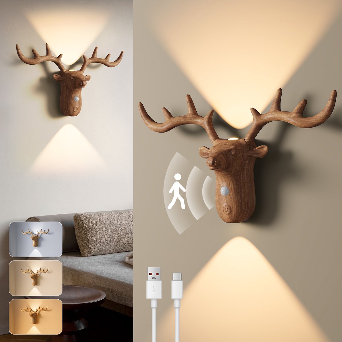 Rosnek Houtlook Hert Wandlamp Binnen 4 Stuks - Draadloze LED Nachtlamp met Bewegingssensor