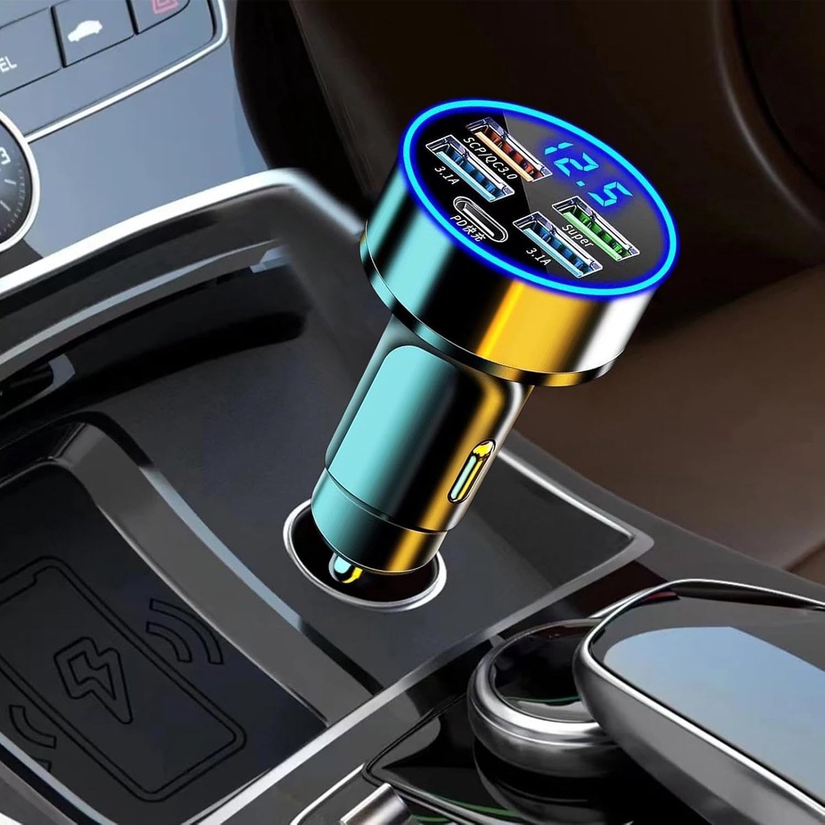Auto Oplader - USB C Lader - Onderweg Opladen - Snelladen Tot 60% - 5 Poorten - Zwart – foto 2