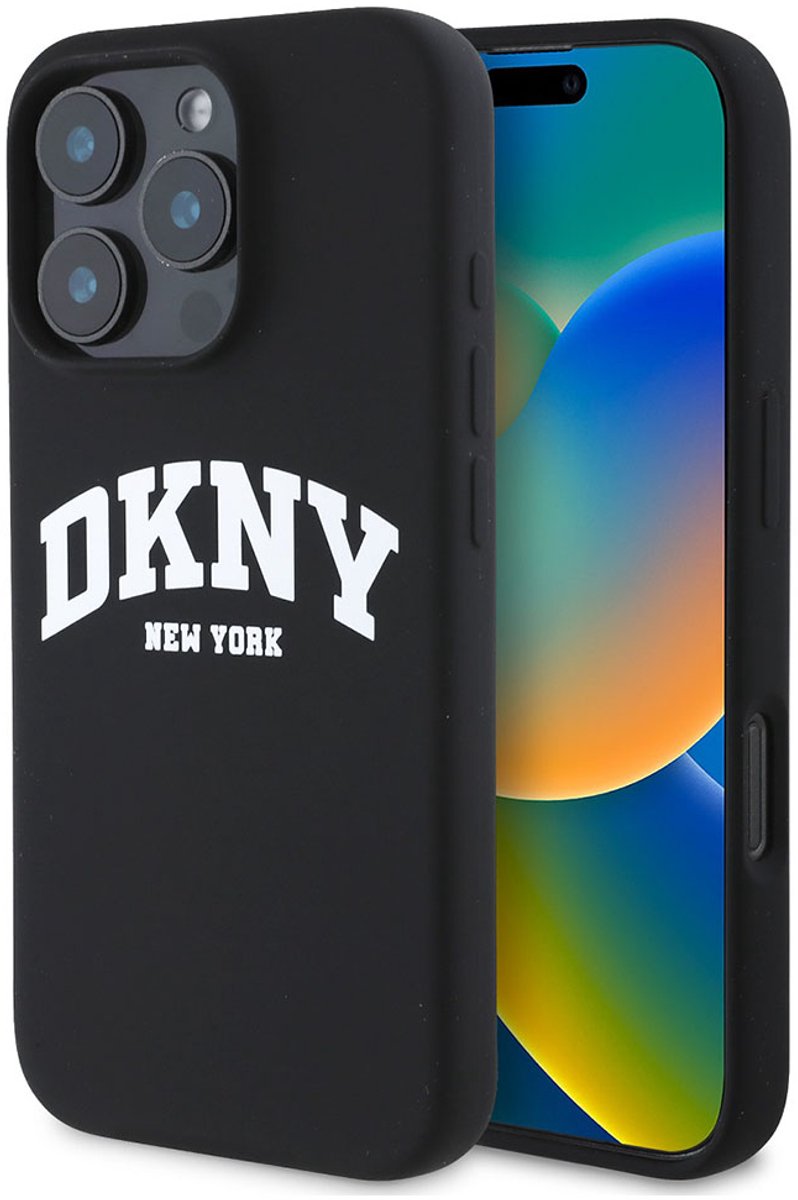 DKNY iPhone 16 Pro Backcover hoesje Magsafe - Liquid Silicone - White Arch Logo - Zwart