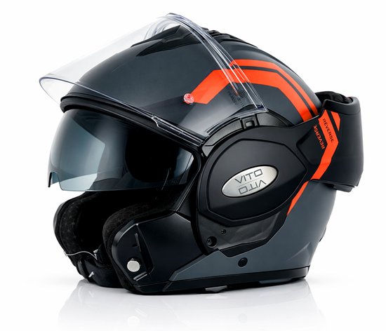 Vito Reverse Systeemhelm - Motorhelm en Scooterhelm met Opklapbaar Kinstuk en Zonnevizier - Grijs / Oranje Helm voor Scooter, Motor en Brommer - Voor Dames en Heren - Geschikt voor Volwassenen - Maat M