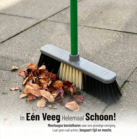 Clean Bezem met Steel - 132x28 cm - Binnenbezem - Voor Parket & Laminaat - Kamerveger - Zaalveger - Zachte Bezem - Straatbezem - Binnen Bezem - Ergonomische Huishoudbezem - Krasvrije Veger voor Gladde Vloeren - Fijnhaar Zachte Borstel - Zwart/Groen — afbeelding 2