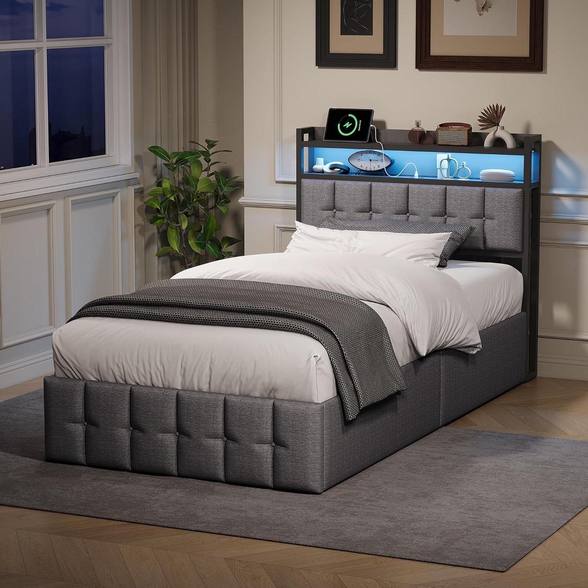 Gestoffeerd Bed - Opbergbed - Ruimte Besparen - Hydraulisch Systeem - 90 x 200 cm - Grijs