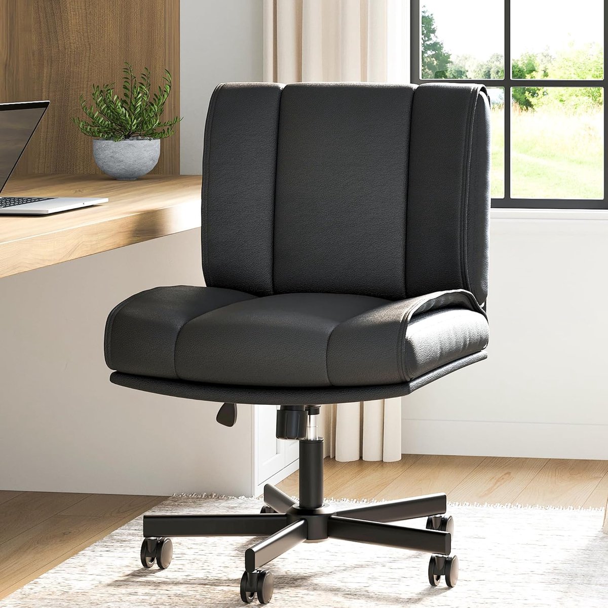HOERFURIY Ergonomische Bureaustoel zonder Armleuningen - Verstelbare Draaistoel - Zwart PU-Leder - Voor Kantoor, Home Office & Kaptafel - Max. 110 kg