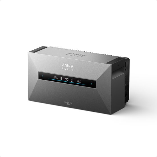 Anker SOLIX Solarbank Max in grijs met digitale displays die '1.99 kW INPUT' en '90. 5.99 kW OUTPUT' tonen.
