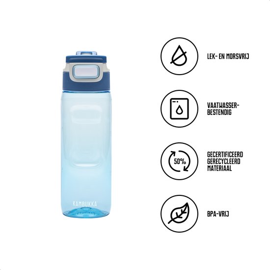 Blauwe Kambukka drinkfles met 3-in-1 deksel. Lek- en morsvrij, vaatwasserbestendig, 50% gerecycled materiaal en BPA-vrij.
