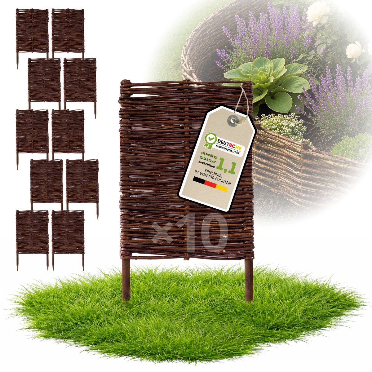 Floranica Tuinafscheiding van wilg - 10 stuks - Hoogte: 60 cm Lengte: 30 cm - Wilgenvlechtwerk, tuinhek, randafwerking voor bloembedden, hout, gazonrand