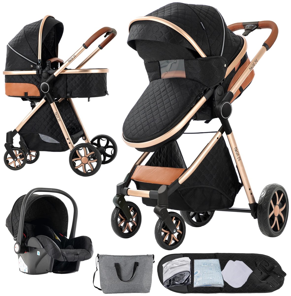 Velmio Luxe 3-in-1 Kinderwagen - Buggy - Multifunctionele kinderwagen - Lichtgewicht frame - Maxi Cosi - Inclusief Autostoeltje - 0-36 maanden - Zwart Goud