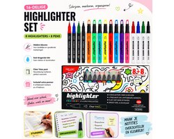 16 Delige Highlighter Pennen Set – 8 Fluor Kleuren – Inclusief Whiteboard Markers & Fineliners – Voor School en Kantoor