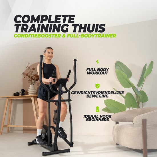 Vrouw traint op een zwarte crosstrainer. 'Full body workout', 'gewrichtsvriendelijke beweging' en 'ideaal voor beginners' worden benadrukt.