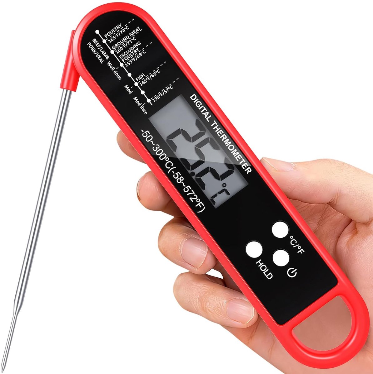 Oneay Digitale vleesthermometer voor barbecueën, een instrument voor het meten van de voedseltemperatuur met een opvouwbare sonde; onmisbaar in de keuken en bij buitenbarbecues, een perfect barbecueaccessoire.