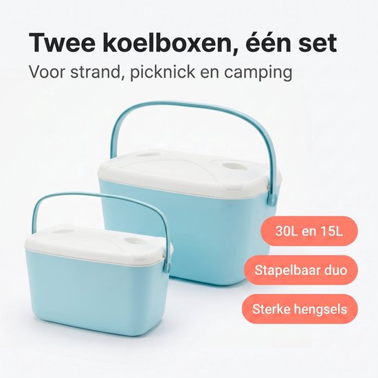 Lomera Koelbox Set van 2 - Draagbare Koelbox voor Camping - Strand - Picknick en Auto - Koelkist met Handvat - Coolbox - Koeltas - Frigobox - Koelbox Klein en Groot - Stapelbaar voor Outdoor en Reizen - Lichtblauw Wit van Lomera — afbeelding 2