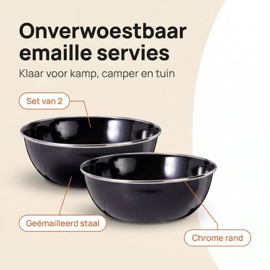 Lomera Emaille Campingschalen Set van 2 - Emaille Schalen - Emaille Kommen - Campingservies - Camping Schaaltjes - Outdoor Schalen - Soepkommen - Emaille Serveerschalen - Outdoor Servies - Geëmailleerd Staal - Zwart - voor Kamperen en Reizen — afbeelding 2