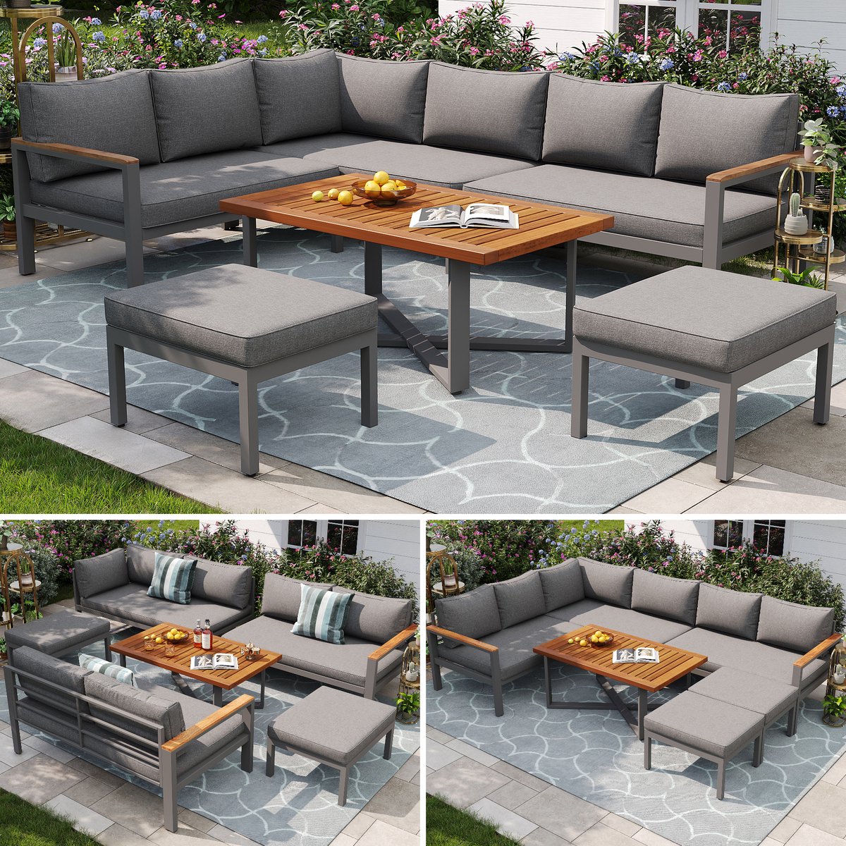 Zubaliya Gartenmöbel Set - 7-8 Personen - Verzinkter Eisenrahmen - Verstellbare Füße - Holztischplatte
