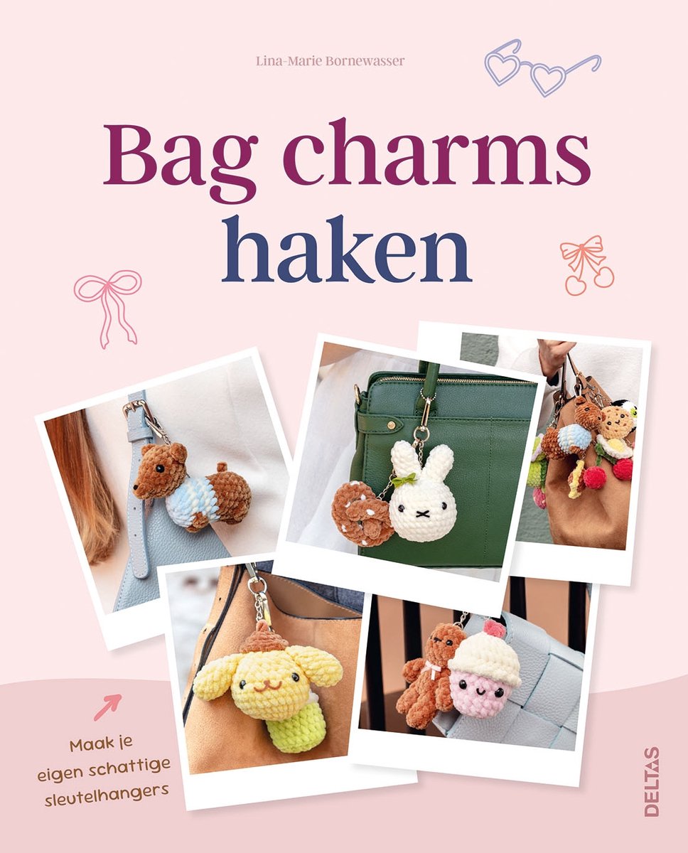 Boekomslag 'Bag charms haken' met foto's van gehaakte bag charm dieren en voorwerpen.