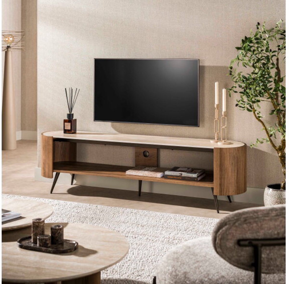Meubelplaats TV meubel Arcus 180x40x49 cm - Travertin keramiek - Japandi Beige