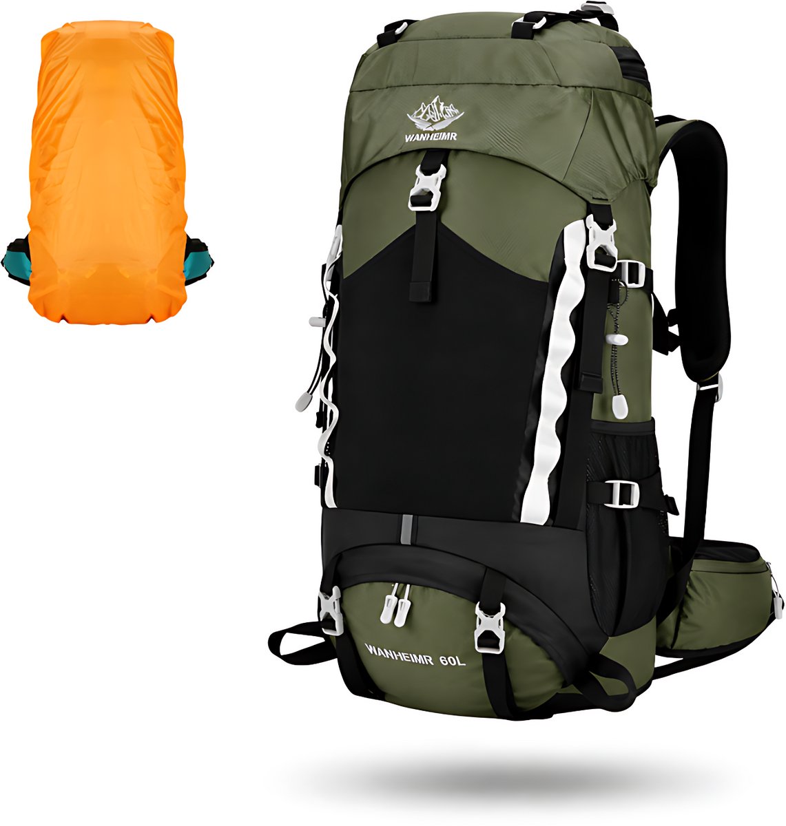 CarryQuest® 60L Hiking Backpack - Waterbestendige Wandelrugzak met Regenhoes, Drinksysteem & Capaciteitsuitbreiding - Groen