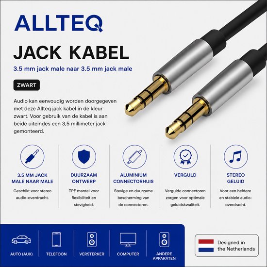ALLTEQ 3.5mm jack kabel, zwart, met vergulde connectoren.