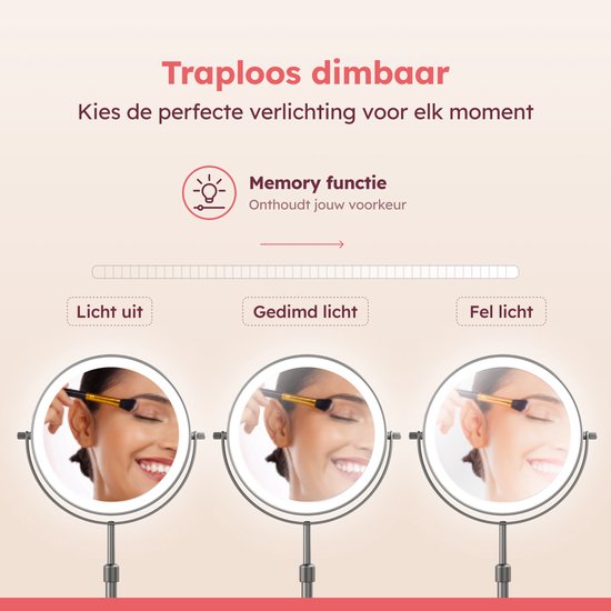 Fraay make-up spiegel, traploos dimbaar met memory functie. Toont vrouw die mascara aanbrengt met gedimd, fel en uit licht.