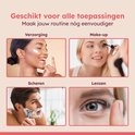 Fraay spiegel geschikt voor verzorging, make-up, scheren en lenzen. Toont vier voorbeelden van gebruik.