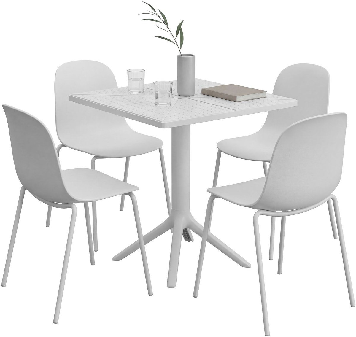 CLP Nerra tuinmeubelset - 4 stapelstoelen - vierkante tafel - weerbestendige balkonset - voor terras en tuin - wit