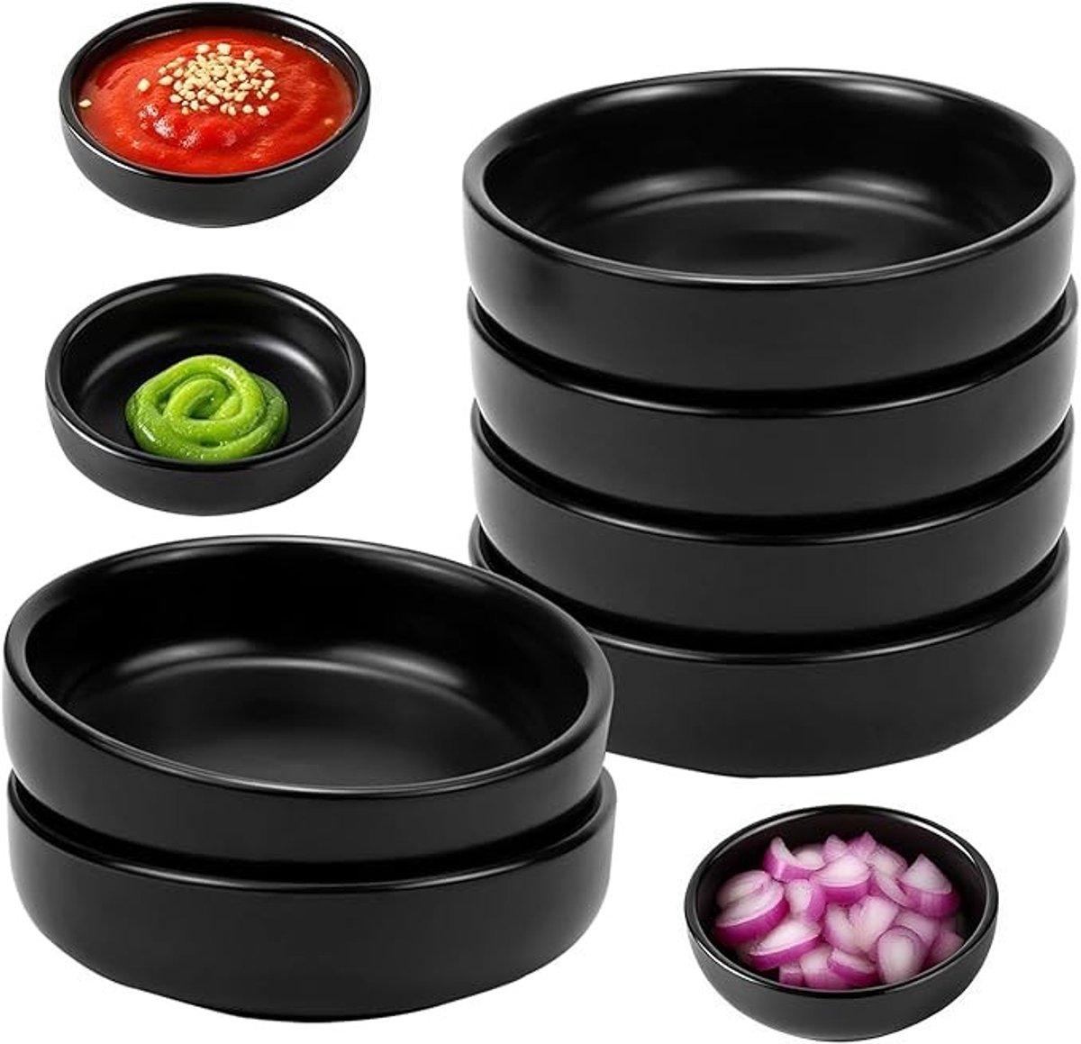 Set van 6 keramische dipschaaltjes, zwarte ronde kommetjes voor sauzen en snacks