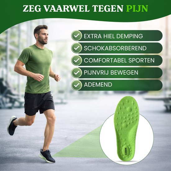 Man die rent in een sportschool, met een groene inlegzool die extra demping en comfort biedt. Tekst over voordelen.