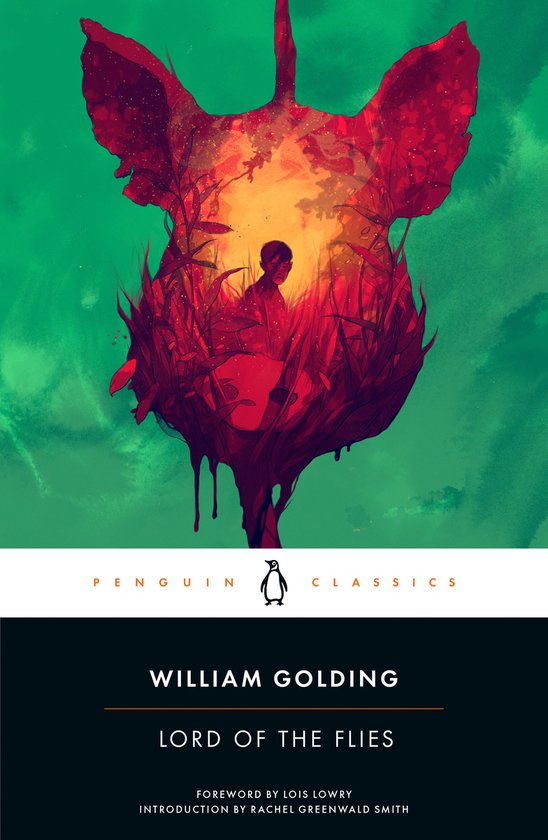 Boekcover: 'Lord of the Flies' van William Golding. Silhouet van een jongen in een rode, bosrijke wereld, met rode vleugels erboven, tegen een groene achtergrond.